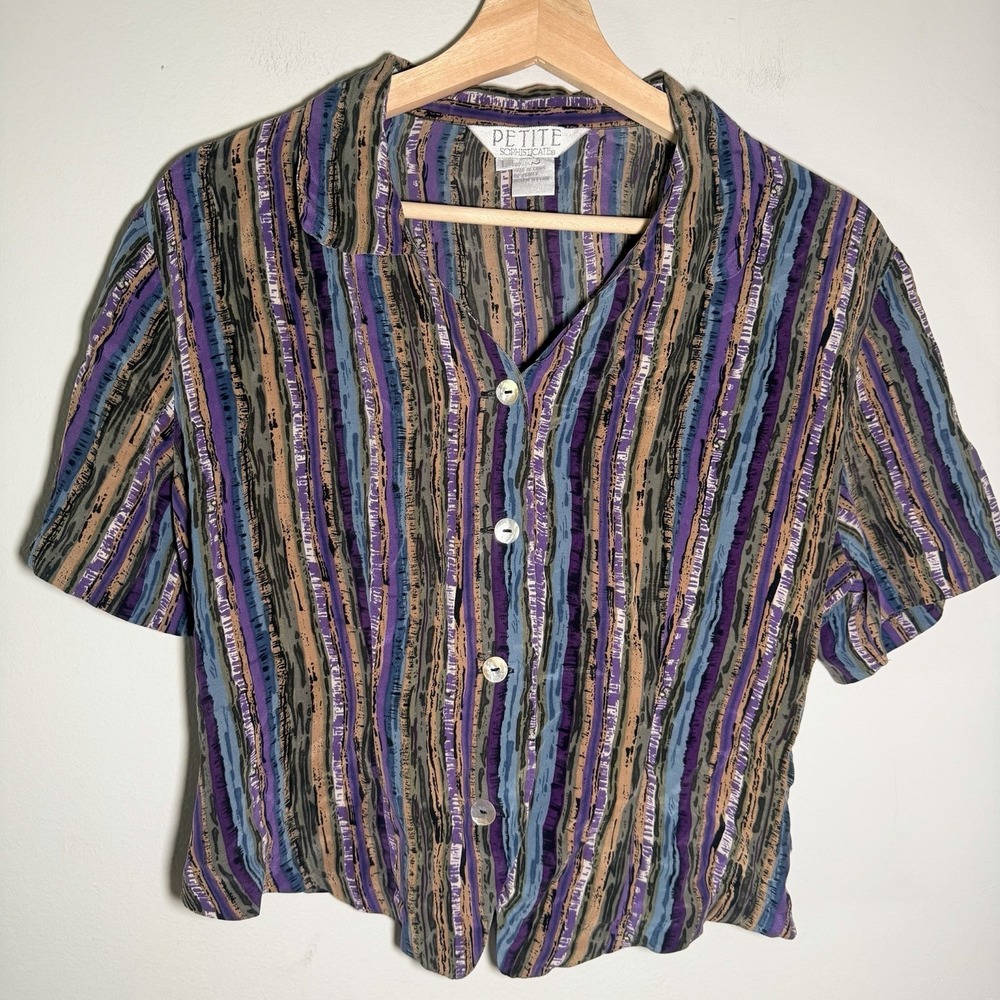 Vintage Petite Sophisticated Silk Shirt Abstract 80s 90s Button Up Dopamine